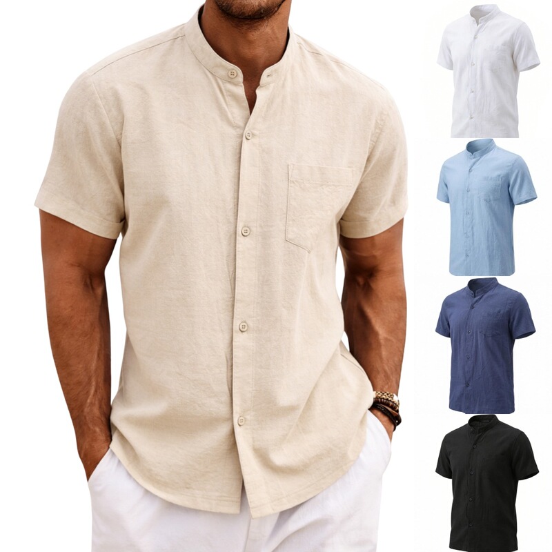 European and American Cross-Border Men's Linen Short-Sleeve Shirt, Henry Collar Pocket Casual Shirt European and American Cross-Border Men's Linen Short-Sleeve Shirt, Henry Collar Pocket Casual Shirt
