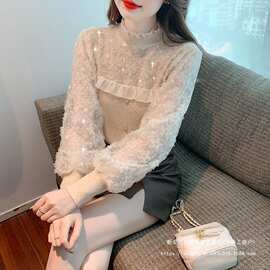 秋季新款时尚百搭长袖重工亮片蕾丝衫镂空花边拼接毛衣女修身纯欲