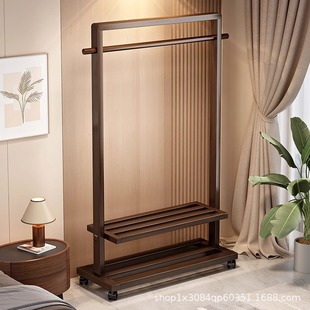 Solid Wood Clothes Hanger Floor-Standing Clothes Hanger Bedroom Coat Rack Household Mobile Clothes Hanging Rack Indoor Simple Clothes Drying Rack
