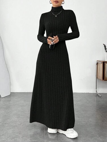 Women's European and American Autumn/Winter Elegance Ruffled High Collar Fashion Solid Color Pilling Long Sleeve Dress New Arrival