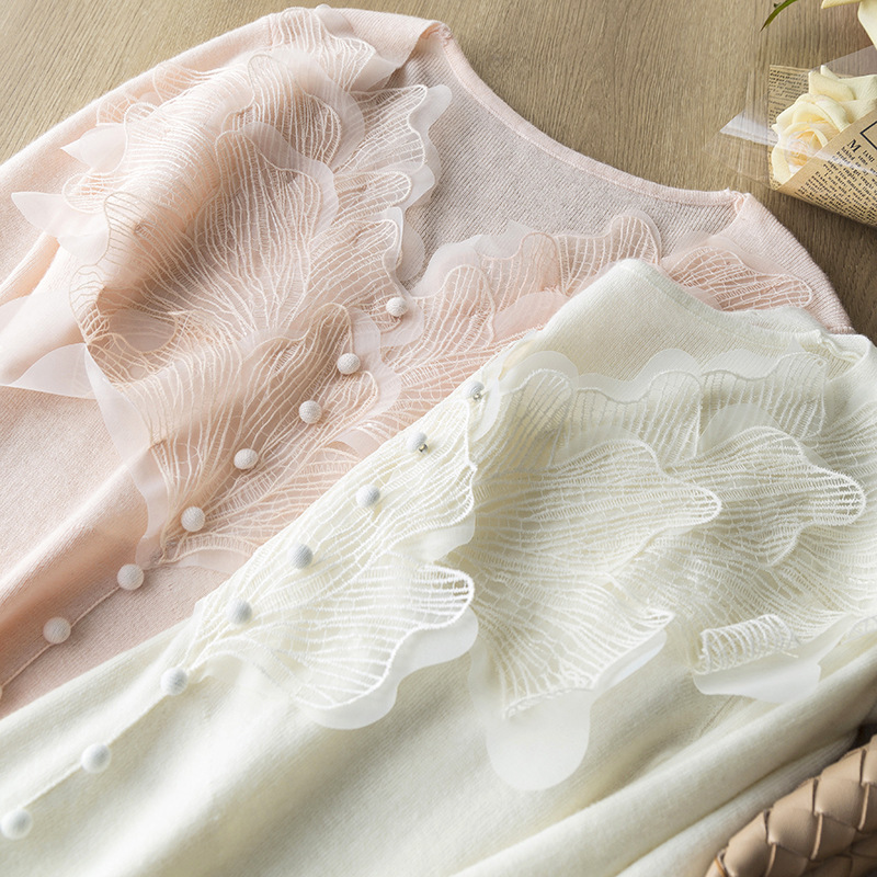 Pink Feather Wool Knitted Shirt Base Shirt Women's Spring and Autumn Lace Gentle Romantic High-end Wear Top