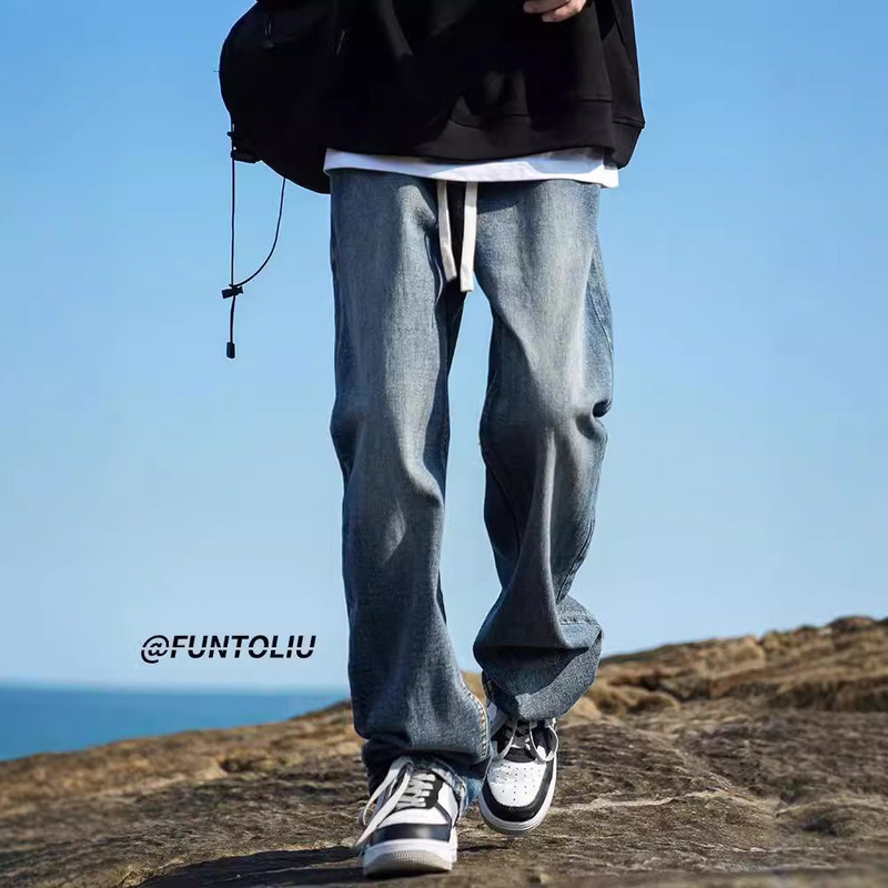 NASA Retro Jeans Men's Spring and Autumn 2024 American Style Wide Leg Casual Trousers Elasticized Waist Drawstring Loose Straight Leg Pants