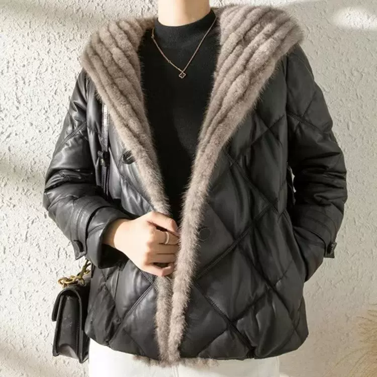 海宁真皮羽绒服皮衣女中长款2025冬新款休闲绵羊皮水貂毛皮草外套