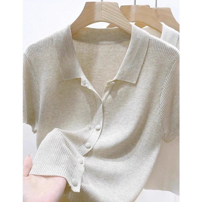 2026 New Summer Women's Clothing Oatmeal Color Loose Slimming Short-Sleeved Knitted Cardigan Elegant Polo Collar T-Shirt Top