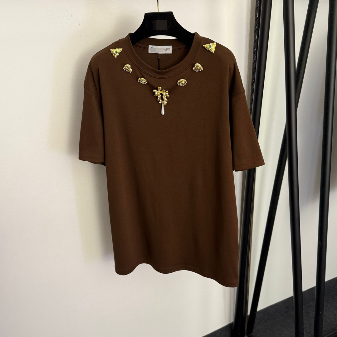Nanyou High-End Export Model, New Niche Design, Unique Pearl-Embellished Irregular Metal Buckle Fashion Short-Sleeve T-Shirt
