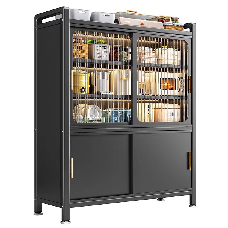 Estante de cocina doméstica puerta deslizante armario de piso multifuncional armario de acero al carbono armario de almacenamiento multicapa