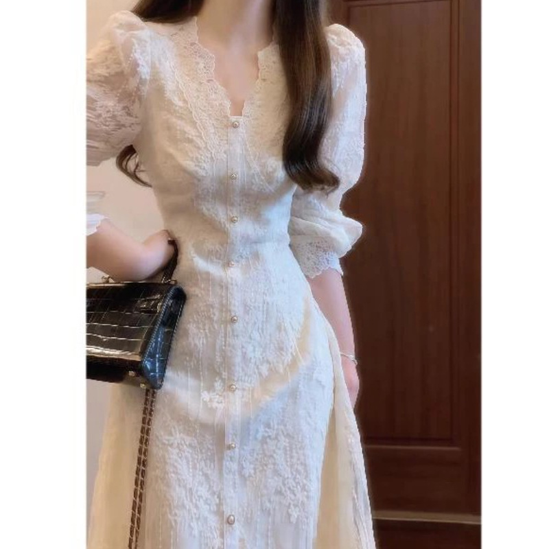 2025秋季法式甜美温柔风白色蕾丝连衣裙长袖收腰气质长裙子千金感|undefined