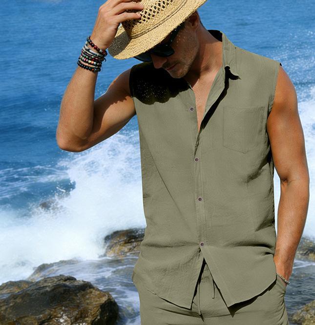 Chaleco de lino sin mangas para hombre estilo casual verano_voghion.com