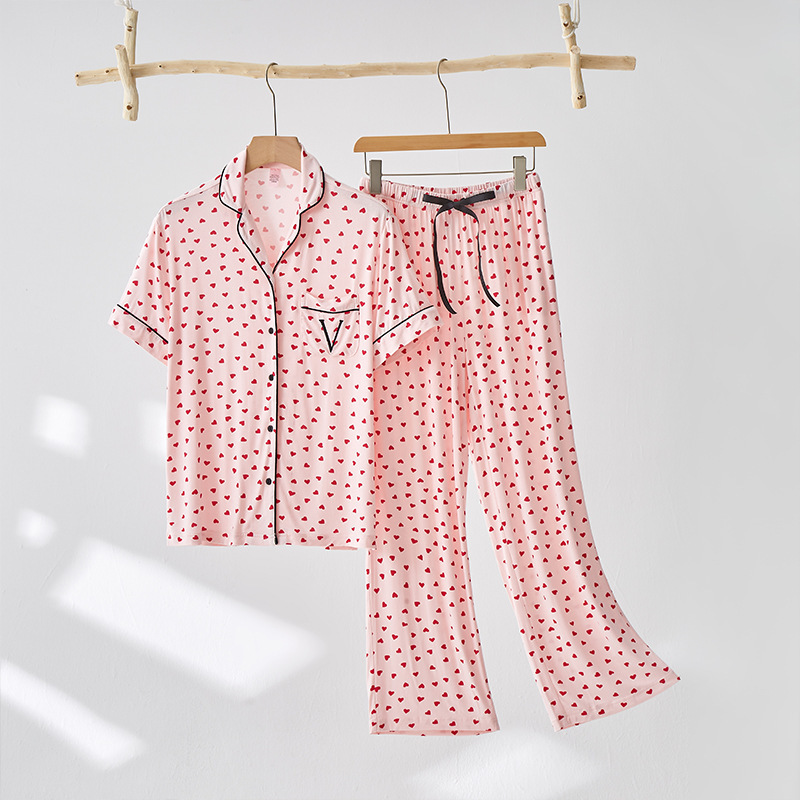 VS外国貿易パジャマ女春夏タイプ半袖長ズボン冷感モーデール柔らかいゆるい夏の家庭服セット|undefined