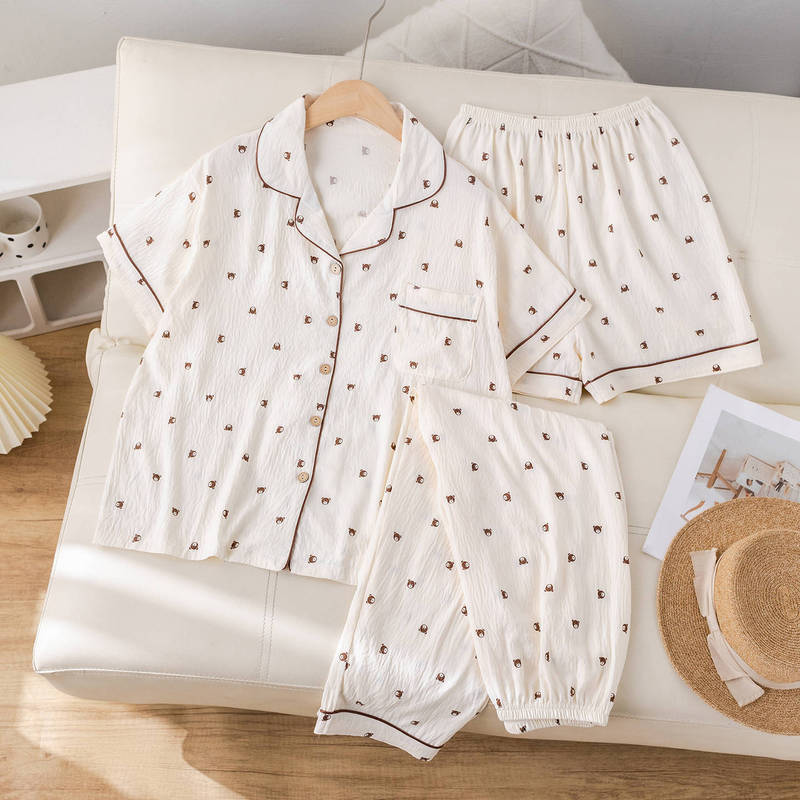 Summer Pajamas Three-Piece Set for Women 2026 New Cute Bear Short-Sleeved Long Pants Outer Wear Home Clothes Summer Thin Style Summer Pajamas Three-Piece Set for Women 2026 New Cute Bear Short-Sleeved Long Pants Outer Wear Home Clothes Summer Thin Style