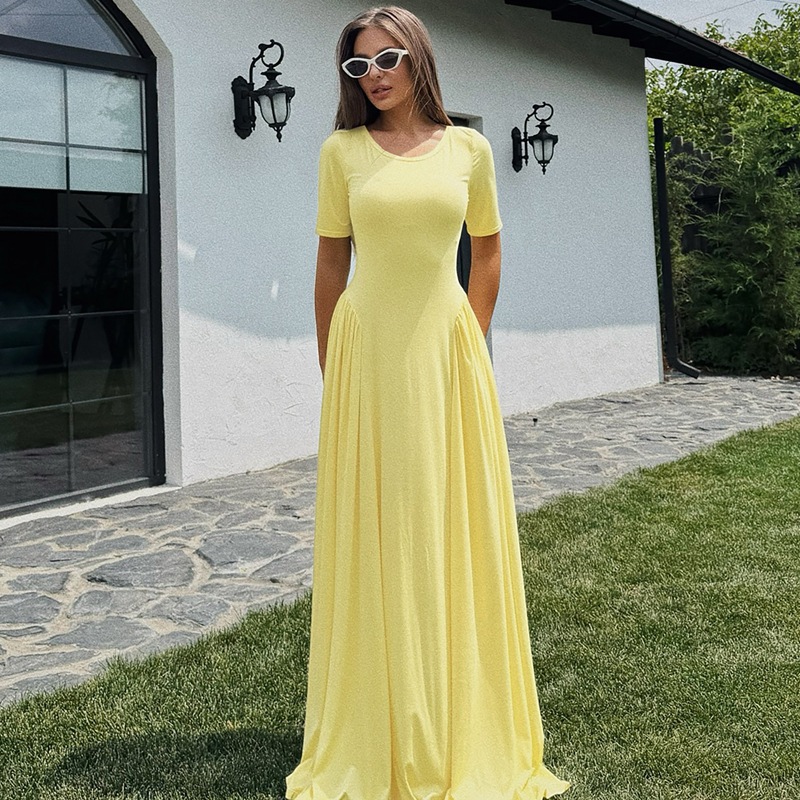 European and American Women's Autumn and Winter New Pure Color Waist-Cinching Elegant Long Skirt Fashionable Round Neck Short-Sleeved Slim-Fitting Dress