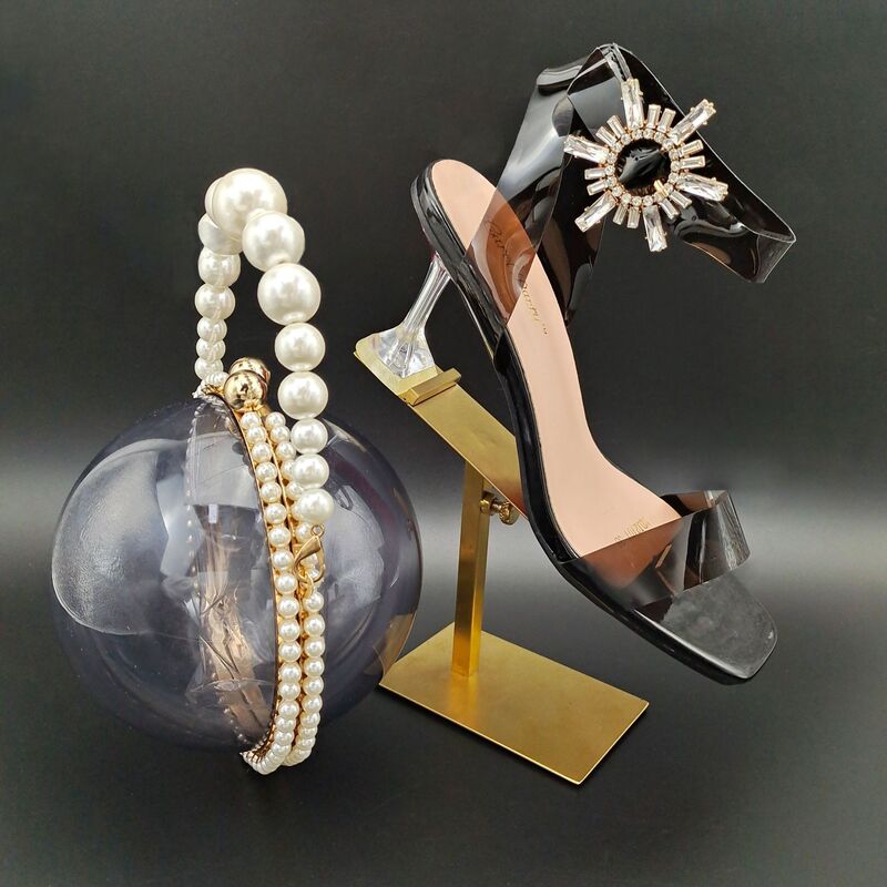 Women's Shoe and Bag Set, Open-Toe High-Heeled Sandals Paired with a Spherical Acrylic Clutch, Suitable for Everyday Wear, with a Horseshoe Heel