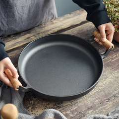 Wood-handled household pancake pan cast iron flat pan for grilling pancakes, pancake pan, crepe making tool non-stick pan hand held pancake pan