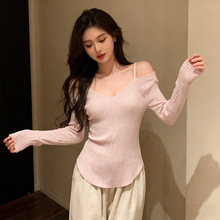 大朗毛衣工厂批发秋冬韩系辣妹粉色v领长袖内搭上衣套头针织衫