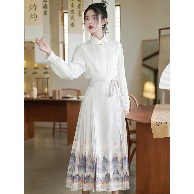 Настоящий выстрел 2023 Новый китайский стиль Улучшенная одежда Мин Хань жилет юбка + атласная жаккардовая национальная мода рубашка с длинным рукавом