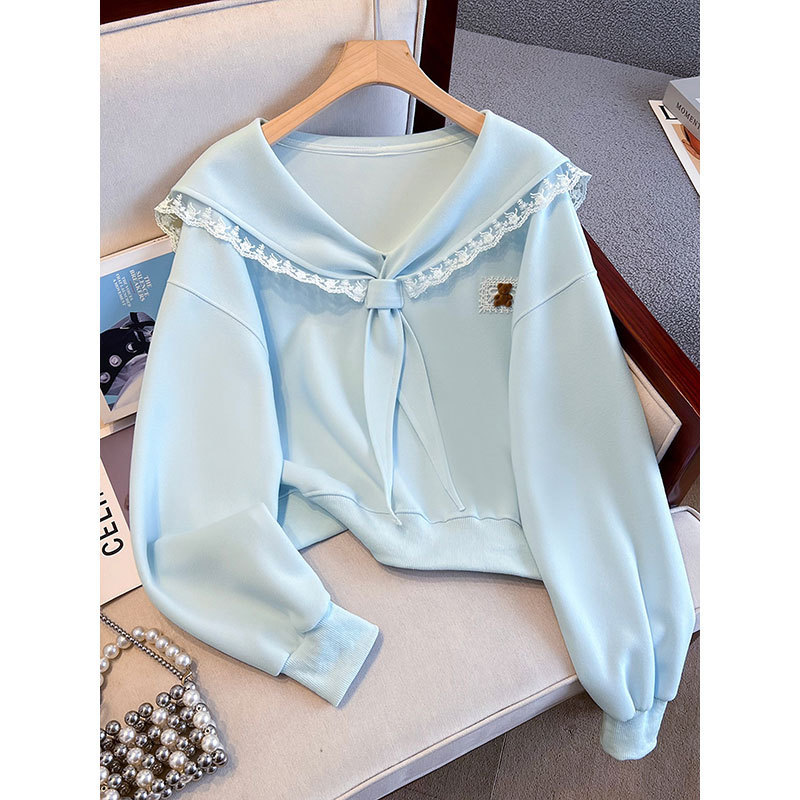 2026 Autumn New Lace Trim Navy Collar Tie-Up Top for Girls and Students, Fashionable and Versatile Pullover Sweatshirt 2026 Autumn New Lace Trim Navy Collar Tie-Up Top for Girls and Students, Fashionable and Versatile Pullover Sweatshirt