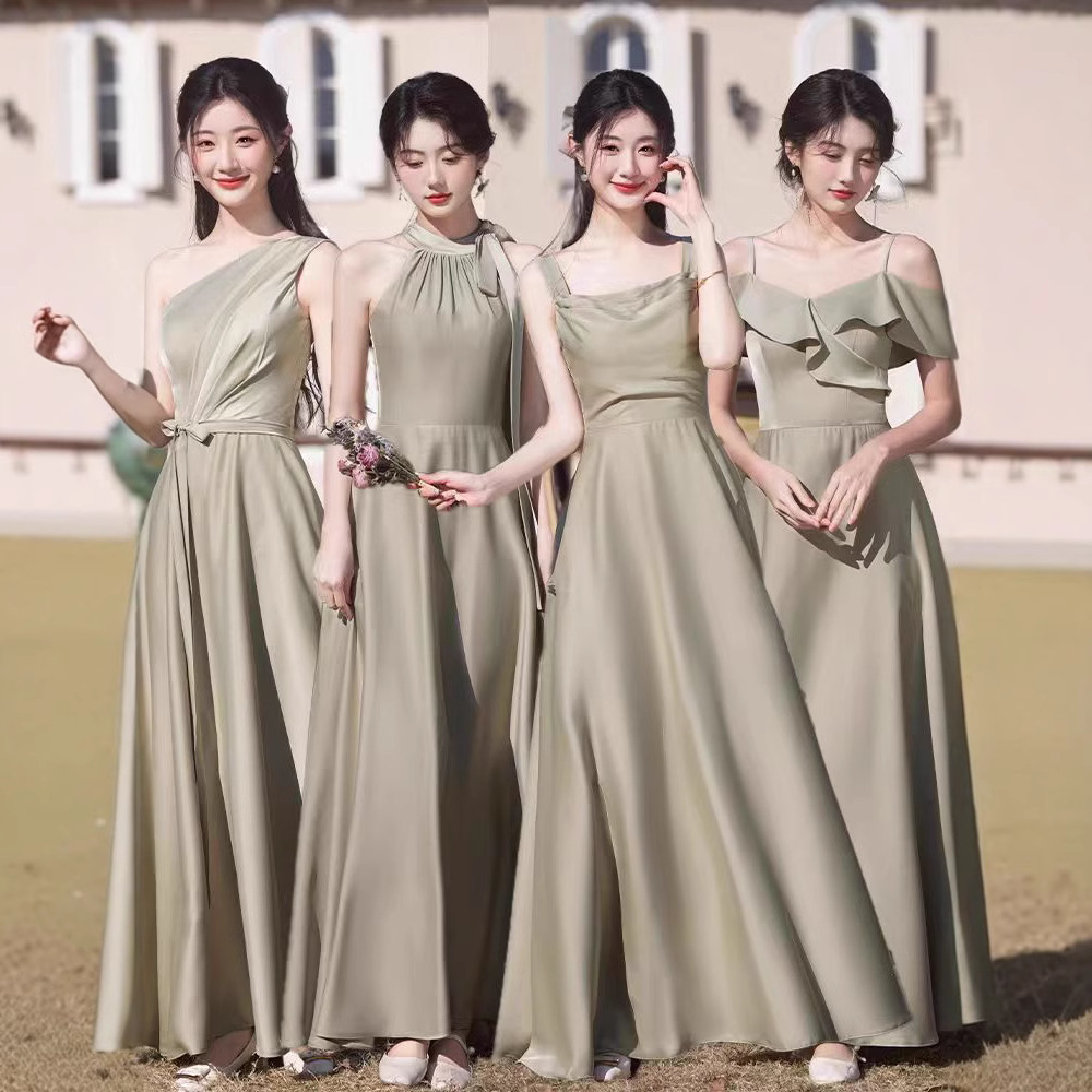 Forest-Style Satin Bridesmaid Dress 2026 New Model, Green Niche High-End Everyday Wear Dress for Petite Women