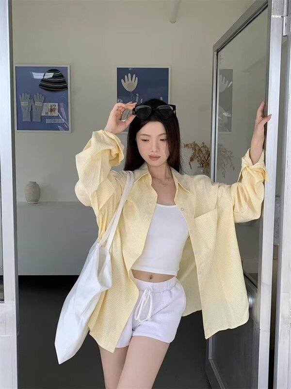 慵懒风条纹翻领长袖衬衫女韩系设计感休闲宽松衬衣春秋开衫防晒衣|undefined