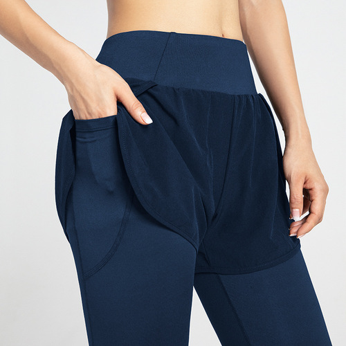 Supply False Two-Piece Sports Leggings High-Waist Elastic Small-Footed Pants Fitness Long Pants Quick-Drying Running Pocket Pants