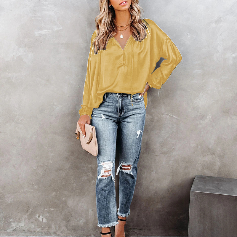 solid color V-neck horn-sleeved casual top NSKX36815