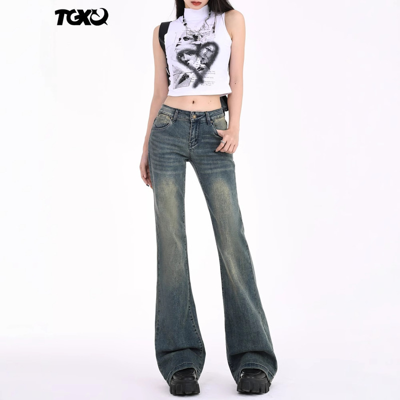 Vintage Flared Jeans for Women 2025 New Summer American Style Spicy Girl Elastic Low-Waist Bell-Bottom Pants for Petite Figures Vintage Flared Jeans for Women 2025 New Summer American Style Spicy Girl Elastic Low-Waist Bell-Bottom Pants for Petite Figures