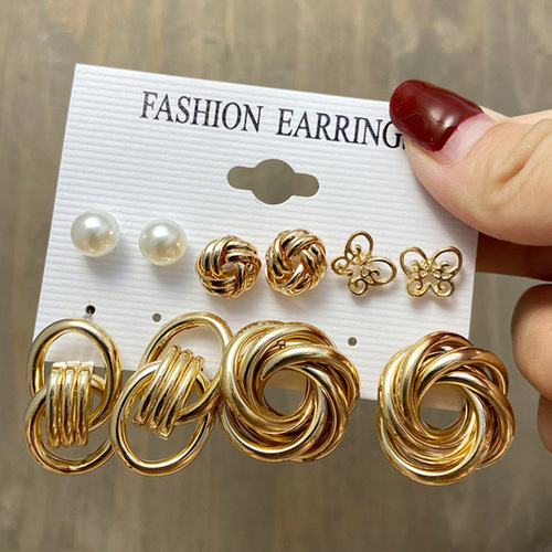 6-Piece European and American Earring Set for Women—Cross-Border, Exaggerated Geometric Design with Pearl and Diamond-Inlaid Earrings—Factory Wholesale
