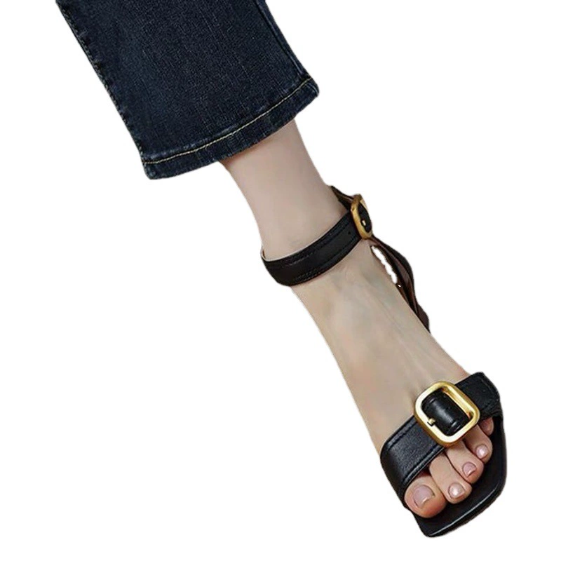 Женские босоножки на высоком каблуке лето 2025, новый стиль, элегантные ретро, квадратный носок, однорядная молния, открытый носок, толстый каблук, оптом