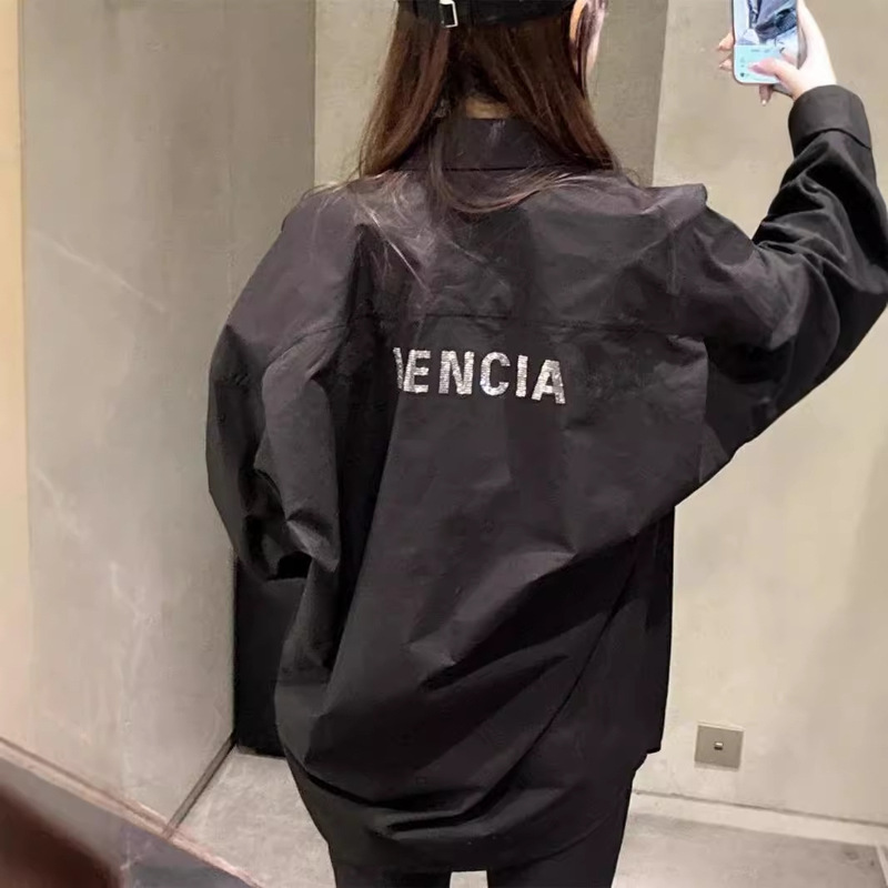 High Version B Family Paris Back Rhinestone Letter Print Loose Silhouette Long-Sleeved Shirt Men's and Women's Same Style Shirt