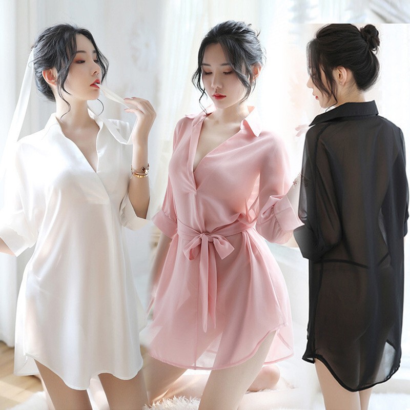 Foreign Trade Sexy Underwear Women's Nightgown Lace-up Chiffon Perspective Lace-up Sexy Shirt Pajamas Set