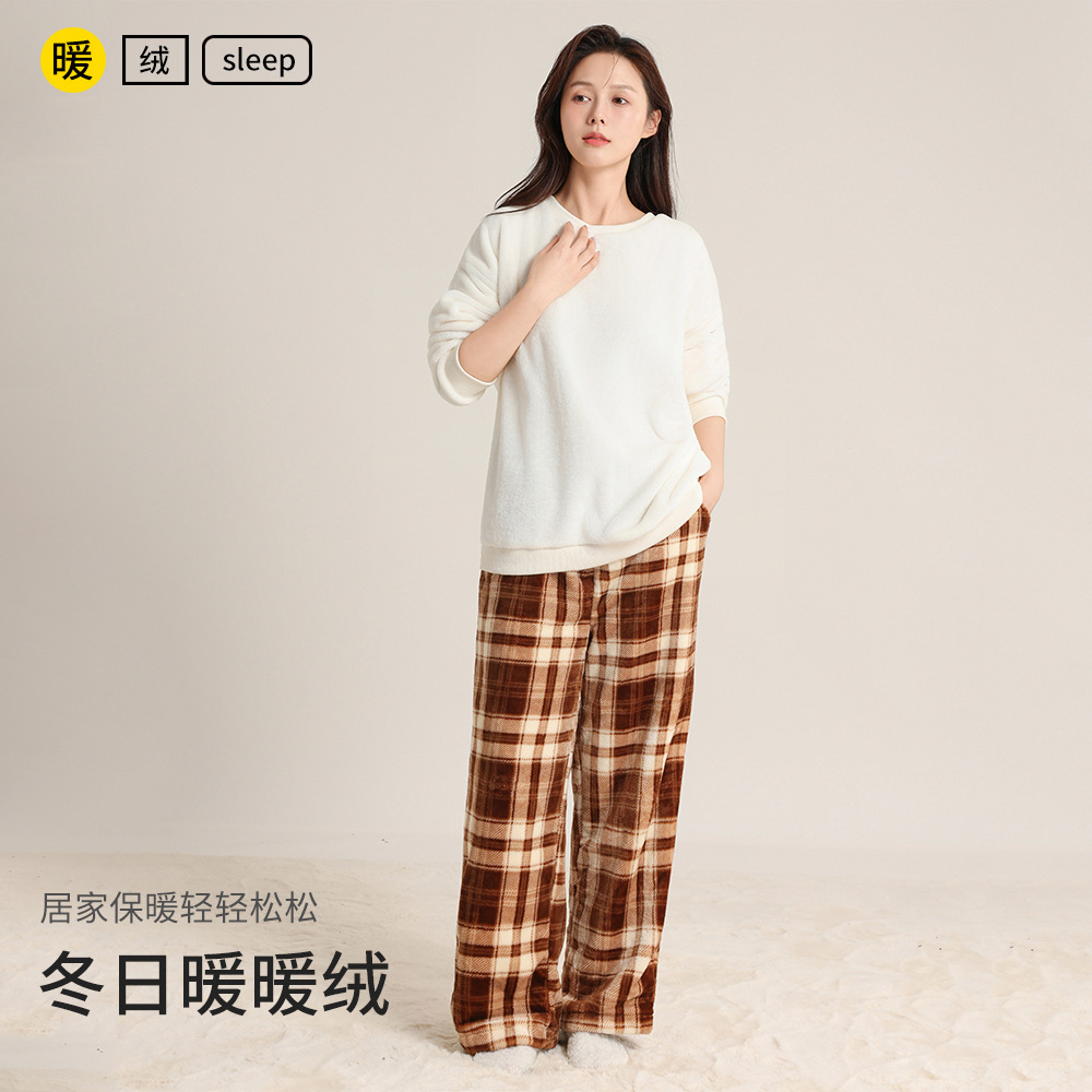 法兰绒秋冬男女家居服套装休闲套头长袖配格子裤情侣保暖慵懒睡衣