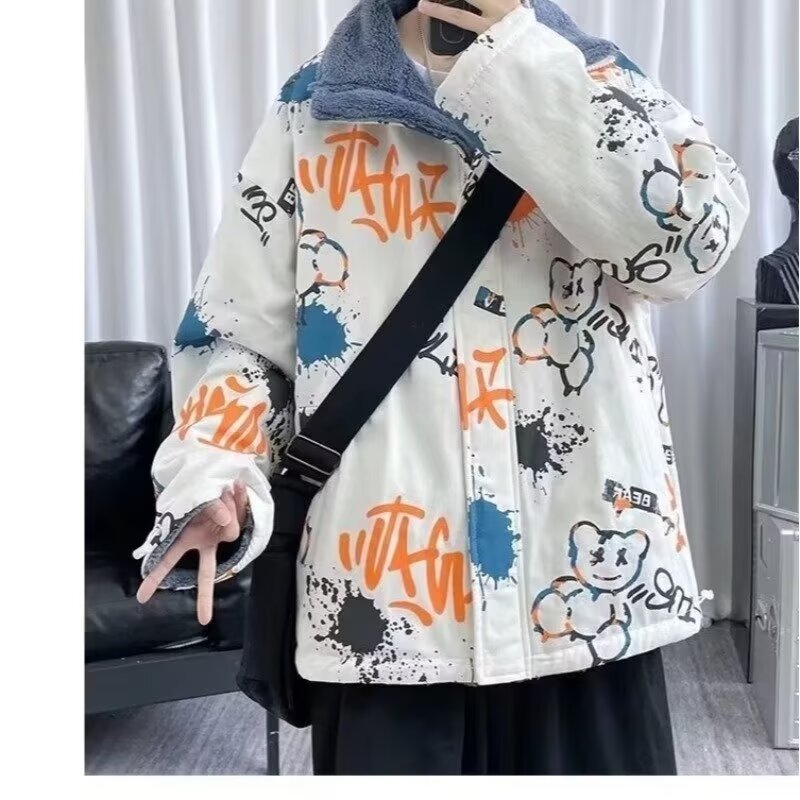 Reversible fleece cotton coat for men, Hong Kong style, trendy couple outfits, loose fit, fleece-lined, thick and warm.
