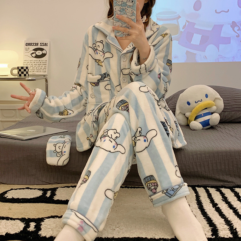 Rayas yugui perro pijamas de franela las mujeres japonés otoño y el invierno cardigan manga larga con máscara ojos dibujos animados homewear caliente conjunto