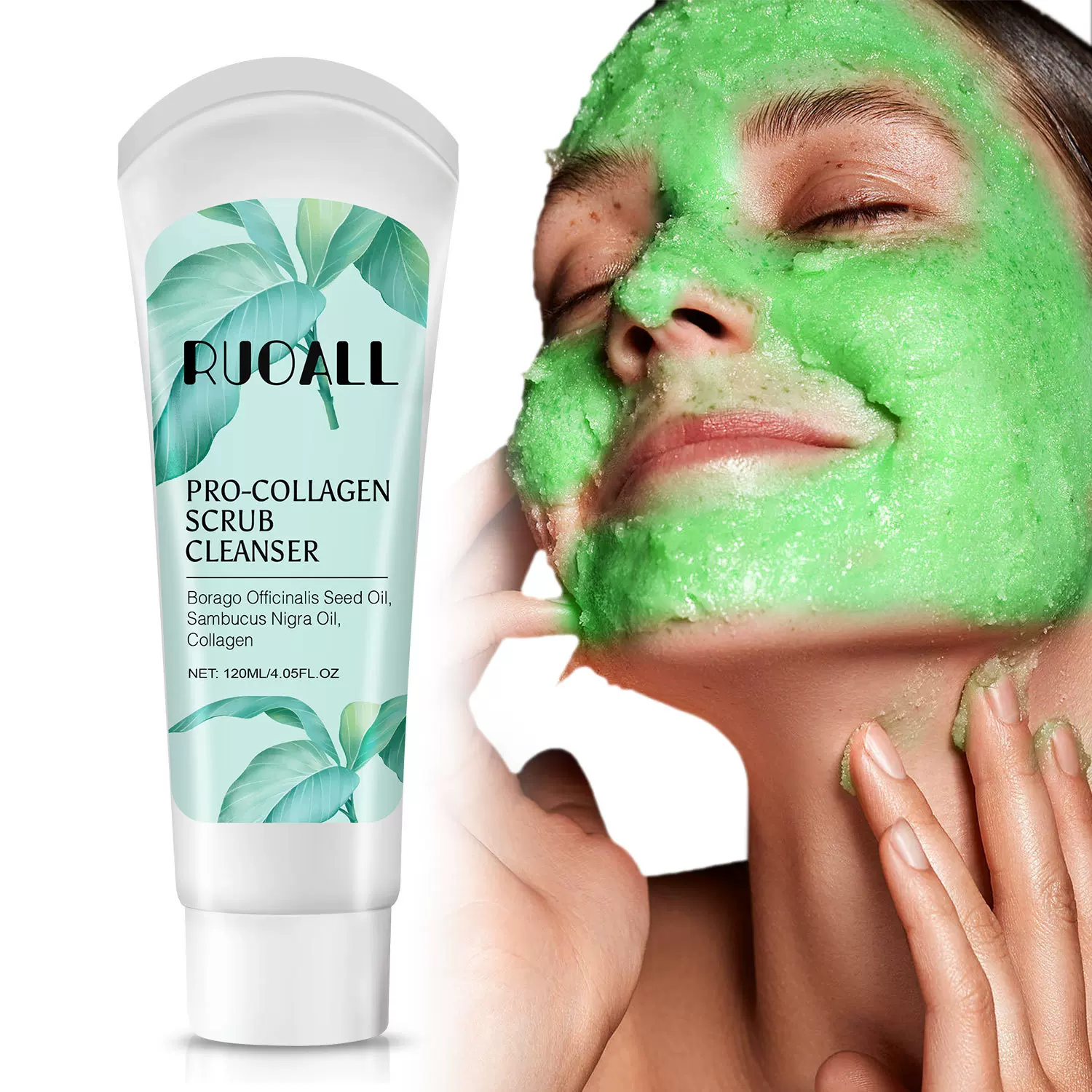 跨境RUOALL面部清洁去死皮去角质三合一胶原蛋白磨砂膏120ml