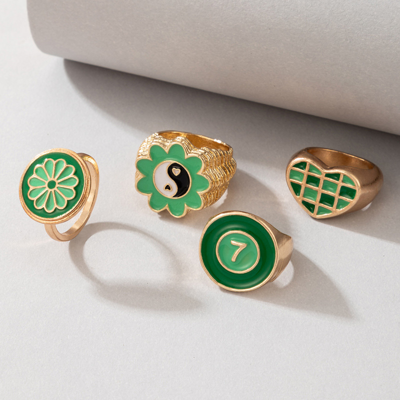 Simple Fashion Green Hit Color Tai Chi Flower Grid Heart Number 7 Drops Oil Ring 4-piece Set display picture 5