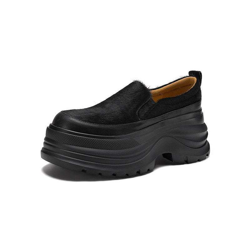 Giày loafer nữ đế xuồng platform da lông ngựa gót 7.5 cm — màu đen, màu mơ