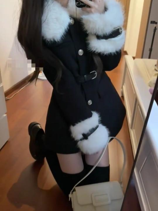 ChicShe College Style Patchwork Woolen With Fur Collar Dress Autumn And Winter, Elegant Waist-Cinching Coat For Rich Socialite_voghion.com