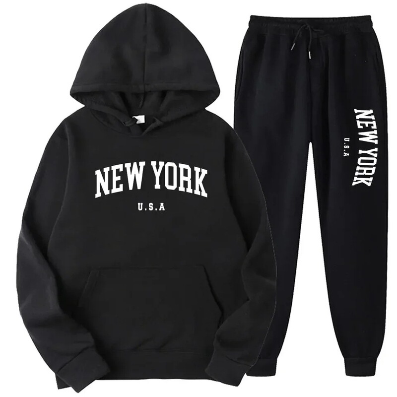 New York Printed Hoodie Casual American Style Hoodie Set Men's Autumn Long Sleeve Hoodie Loose Set