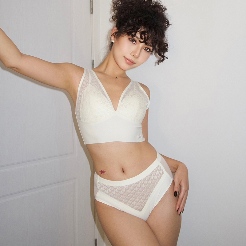 南通高博 無鋼圈背心式文胸內褲套裝性感深V網紗內衣胸罩三角褲女