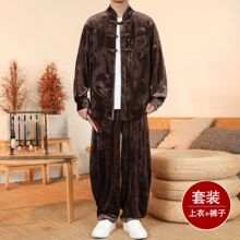 唐装男新中式金丝绒休闲套装秋冬季中国风龙纹提花汉服宽松两件套