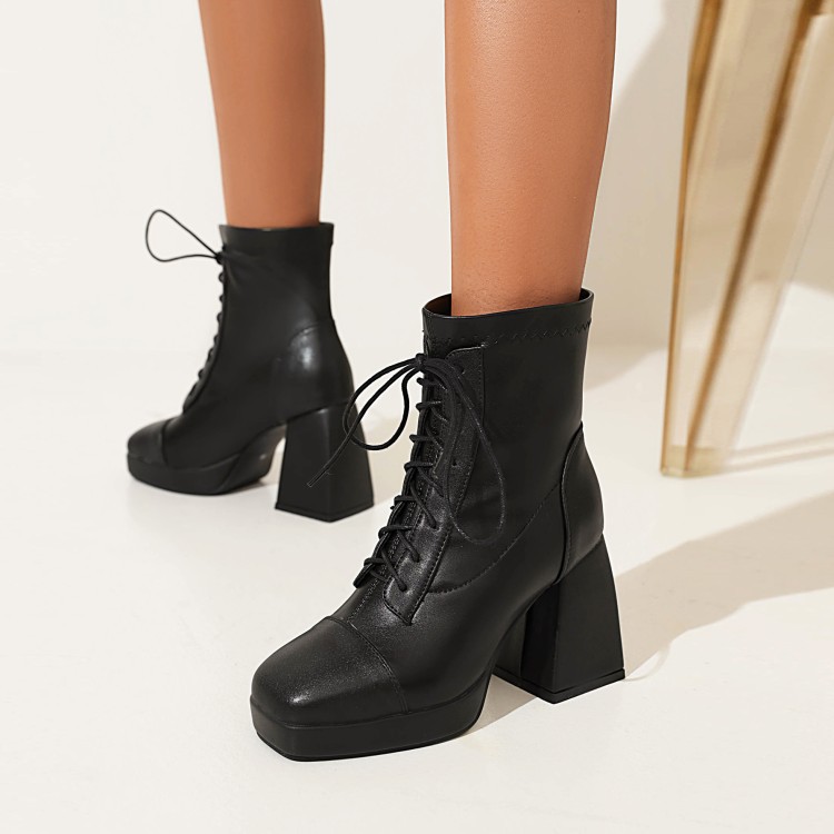 Square head front strap solid color waterproof platform thick heel short leg boots_voghion.com