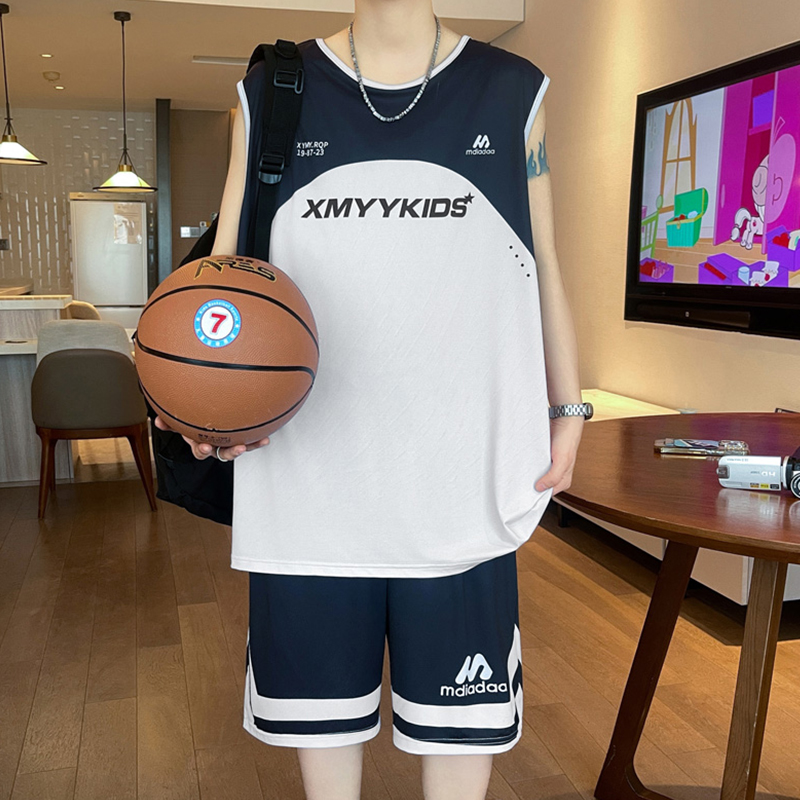 Sleeveless Basketball Uniform Suit Men's Summer Ice Silk Quick-Drying Vest Shorts Two-Piece Set Teenagers Handsome Set of Clothes
