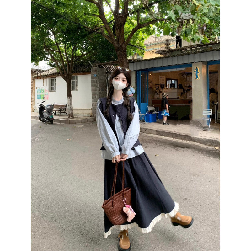 气质通勤套装茶系百搭马甲开衫叠穿长袖纽扣半身裙春秋女装三件套|undefined