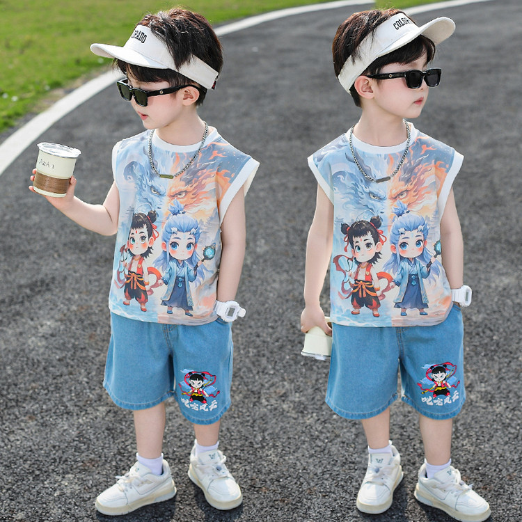 8197 Nezha traje sin mangas de verano para niños 2025 nuevo chaleco delgado de moda para niños de dos piezas para bebés