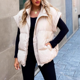 2023 Cross-border European and American New Women's Solid Color Zipper Pocket Cotton-padded Jacket Vest Fashion Stand Collar Elegant Commuter Jacket