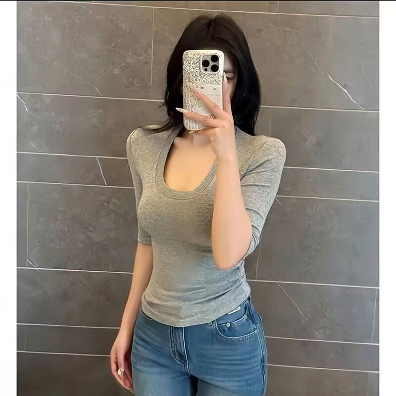 Pure Desire Style White U-Neck Short-Sleeve T-Shirt for Women, Summer Plus-Size Slim-Fit Flattering Waist-Cinching Short Top Pure Desire Style White U-Neck Short-Sleeve T-Shirt for Women, Summer Plus-Size Slim-Fit Flattering Waist-Cinching Short Top