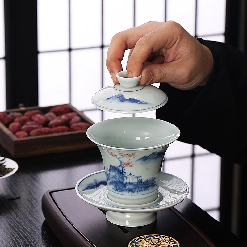 Керамическая синяя и белая большая ретро чашка для чая