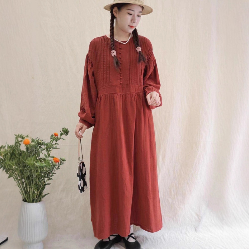 Vintage Artistic Double-Layer Cotton Gauze Dress, New Autumn Loose Versatile Accordion Pleat Half-Open Button Lantern Sleeve Long Dress Vintage Artistic Double-Layer Cotton Gauze Dress, New Autumn Loose Versatile Accordion Pleat Half-Open Button Lantern Sleeve Long Dress