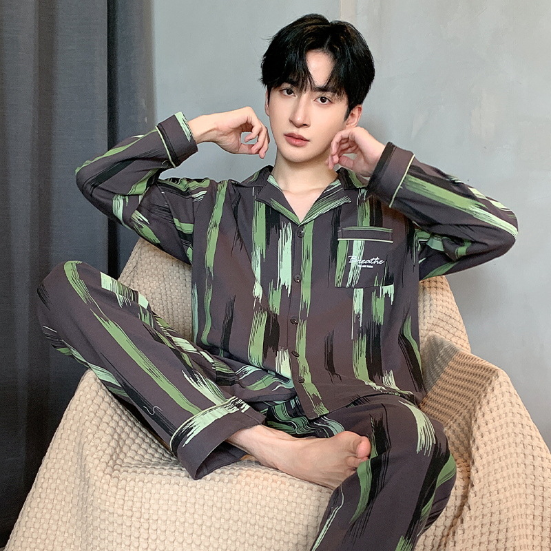Pijama de primavera y otoño para hombres, camiseta de mangas largas, pantalones largos de tamaño grande que se pueden usar con ropa casera juvenil.