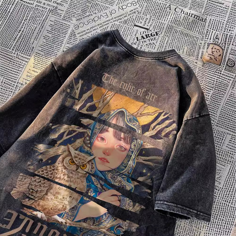 Rose Printed Heavy Short-sleeved T-shirt Men's Summer Trendy Brand Fashionable Half-sleeved American Style Washed Distressed plus size T-shirt