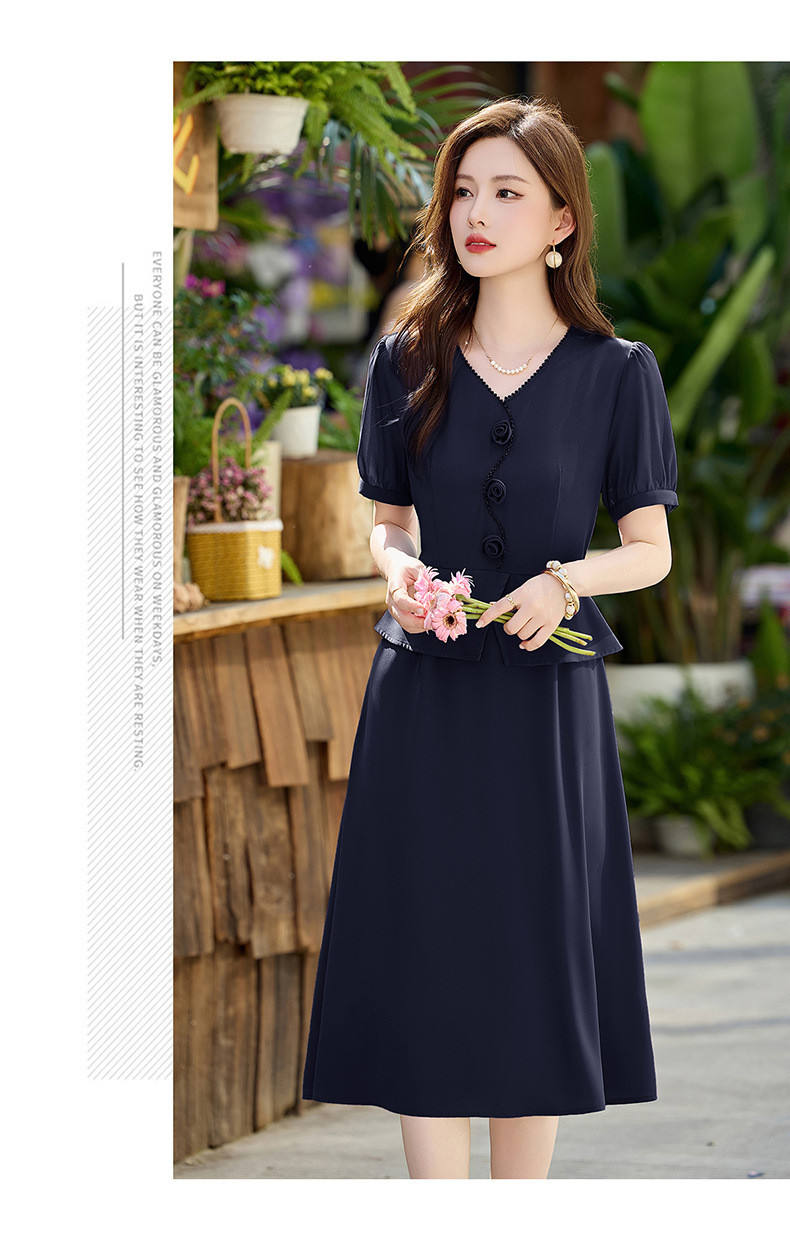 Đầm maxi nữ cổ V phối ren hoa hồng, tay ngắn, thiết kế giả hai lớp, cài khuy vải — tím hoa cà, Xanh lông mòng đen chi tiết 20